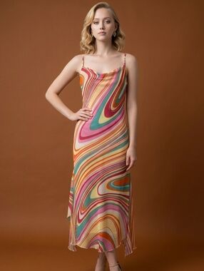 Vintage Marquise Multicolor Swirl Slip Dress - Pink, Yellow, Green, Orange, Blue